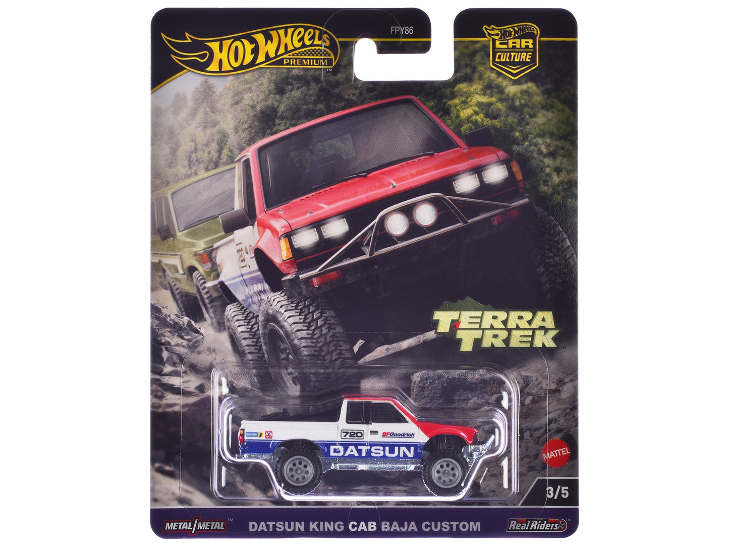 Datsun King Cab Baja Custom Pickup Truck #720 White and Blue with Red Hood "Terra Trek" Series Diecast Model Car by Hot Wheels