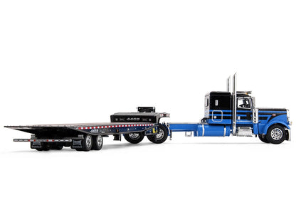 Peterbilt 389 with 48" Flat Top Sleeper and Landoll 440B-50CA Traveling Axle Trailer Black with Blue Stripes 1/64 Diecast Model by DCP/First Gear