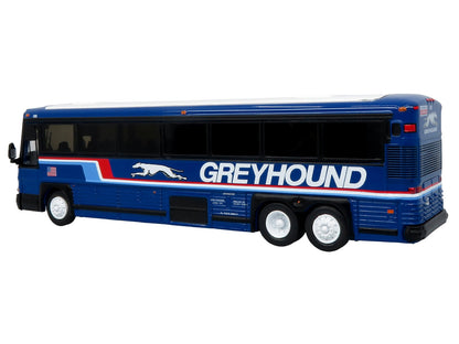 2001 MCI D4000 Coach Bus "Greyhound" Blue with Stripes "Vintage Bus & Motorcoach Collection" Limited Edition to 504 pieces Worldwide 1/87 (HO) Diecast Model by Iconic Replicas