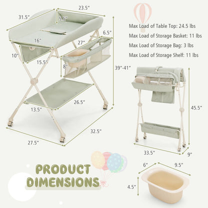 Baby Diaper Changing Table with Water Basin Wheel-Green - Color: Green