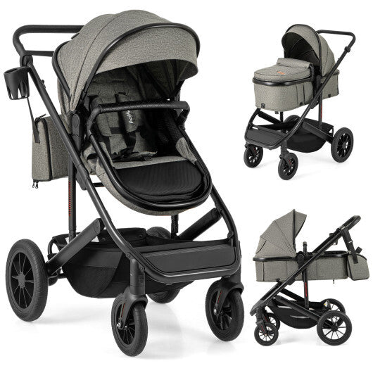 3-in-1 Folding Convertible Newborn Stroller with Detachable Bassinet-Gray - Color: Gray