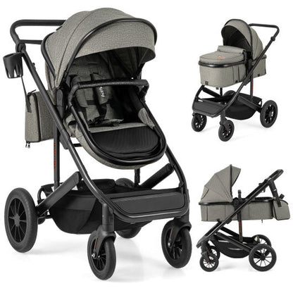 3-in-1 Folding Convertible Newborn Stroller with Detachable Bassinet-Gray - Color: Gray