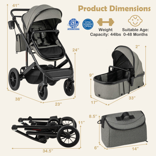 3-in-1 Folding Convertible Newborn Stroller with Detachable Bassinet-Gray - Color: Gray