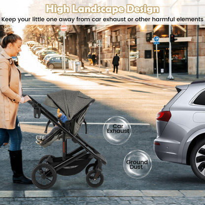 3-in-1 Folding Convertible Newborn Stroller with Detachable Bassinet-Gray - Color: Gray