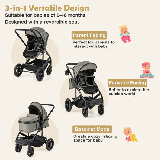 3-in-1 Folding Convertible Newborn Stroller with Detachable Bassinet-Gray - Color: Gray