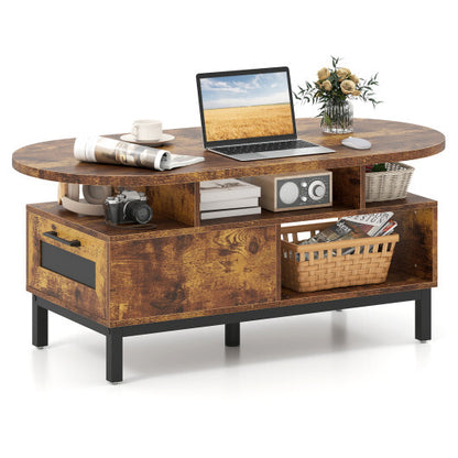 47 Inch Oval Coffee Table with Storage and Open Compartments for Living Room-Rustic Brown