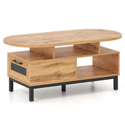 47 Inch Oval Coffee Table with Storage and Open Compartments for Living Room-Rustic Brown