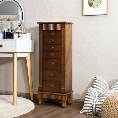 Wooden Jewelry Armoire Cabinet Storage Chest with Drawers and Swing Doors-Brown