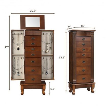 Wooden Jewelry Armoire Cabinet Storage Chest with Drawers and Swing Doors-Brown