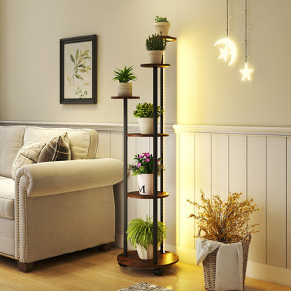 6-tier Plant Stand with RGB Light and Wheels 57inch Tall Indoor Display Shelf Flowerpot Holder-Rustic Brown