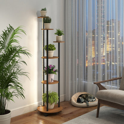 6-tier Plant Stand with RGB Light and Wheels 57inch Tall Indoor Display Shelf Flowerpot Holder-Rustic Brown