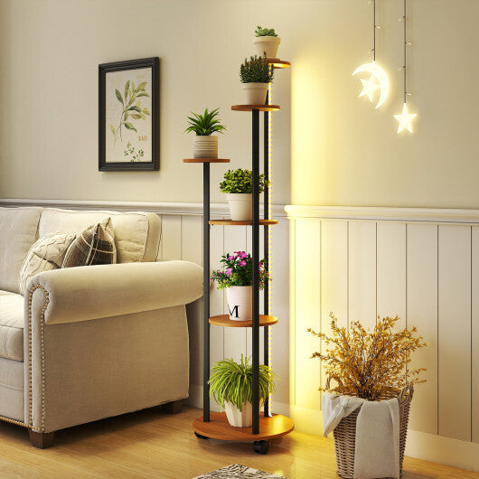 6-tier Plant Stand with RGB Light and Wheels 57inch Tall Indoor Display Shelf Flowerpot Holder-Rustic Brown