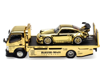 Nissan Pandem Fuso-300 Flatbed Truck RHD (Right Hand Drive) Gold Chrome and RWB 930 Gold Chrome with Graphics 2 Car Box Set "Hobby Expo China 2026" 1/64 Diecast Model Car by Pop Race