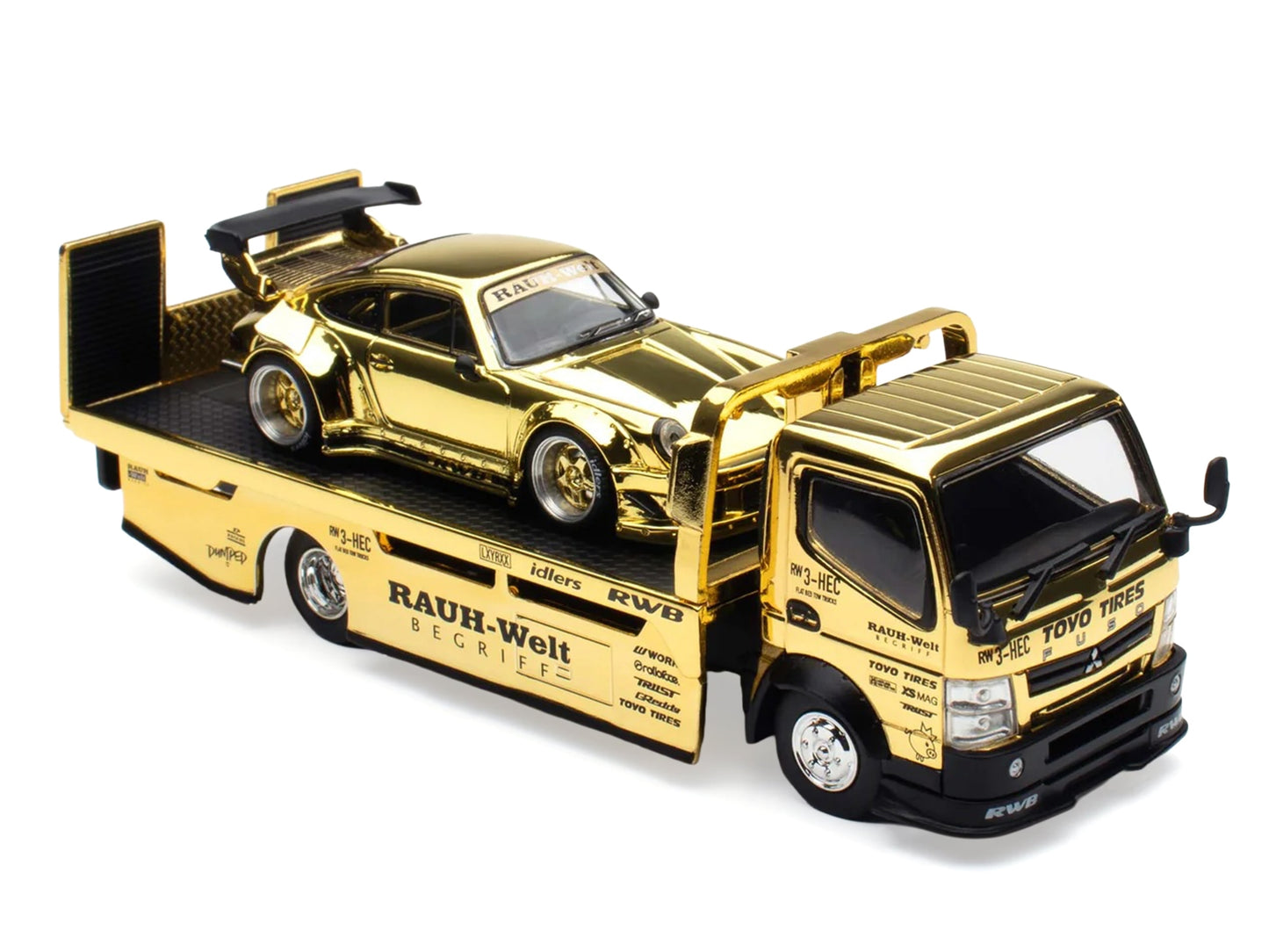 Nissan Pandem Fuso-300 Flatbed Truck RHD (Right Hand Drive) Gold Chrome and RWB 930 Gold Chrome with Graphics 2 Car Box Set "Hobby Expo China 2026" 1/64 Diecast Model Car by Pop Race