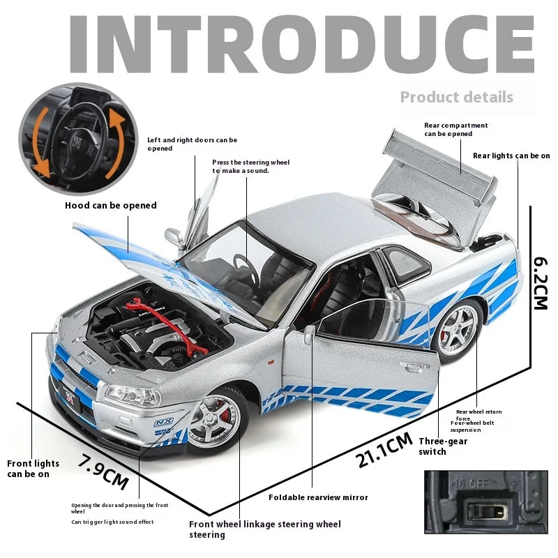 1:24 Scale GTR-R34 Alloy Car Model with Authentic Sound Effects, Premium Collectible Toy for Kids & Adults