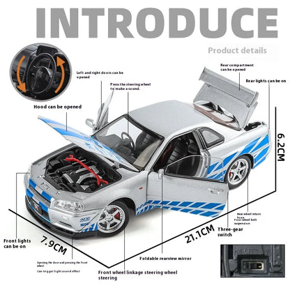 1:24 Scale GTR-R34 Alloy Car Model with Authentic Sound Effects, Premium Collectible Toy for Kids & Adults