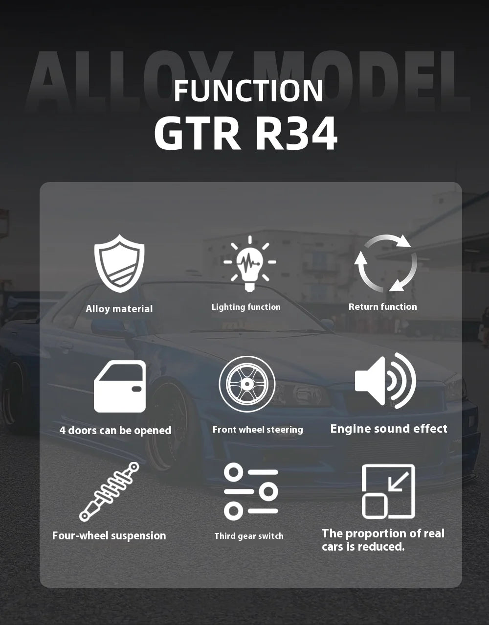 1:24 Scale GTR-R34 Alloy Car Model with Authentic Sound Effects, Premium Collectible Toy for Kids & Adults