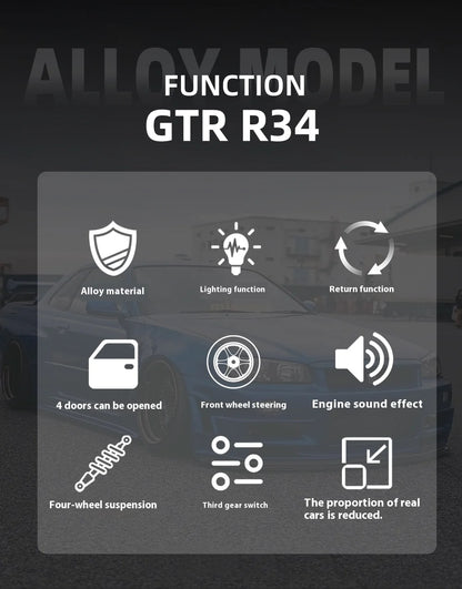1:24 Scale GTR-R34 Alloy Car Model with Authentic Sound Effects, Premium Collectible Toy for Kids & Adults