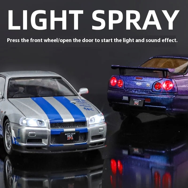 1:24 Scale GTR-R34 Alloy Car Model with Authentic Sound Effects, Premium Collectible Toy for Kids & Adults
