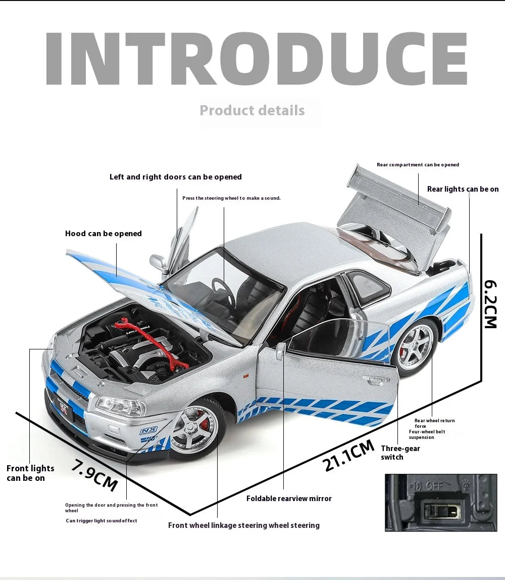 1:24 Scale GTR-R34 Alloy Car Model with Authentic Sound Effects, Premium Collectible Toy for Kids & Adults