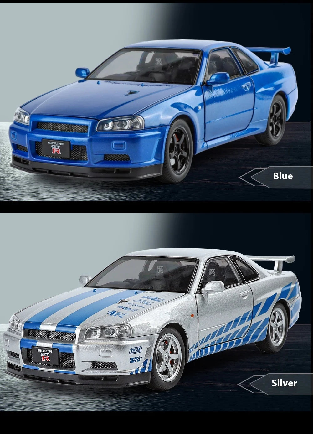 1:24 Scale GTR-R34 Alloy Car Model with Authentic Sound Effects, Premium Collectible Toy for Kids & Adults