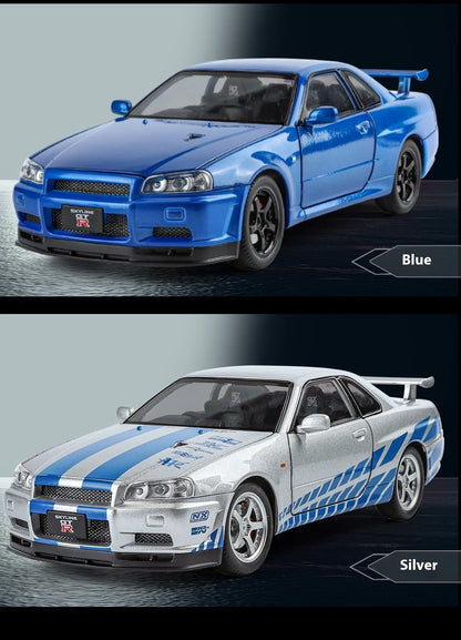 1:24 Scale GTR-R34 Alloy Car Model with Authentic Sound Effects, Premium Collectible Toy for Kids & Adults