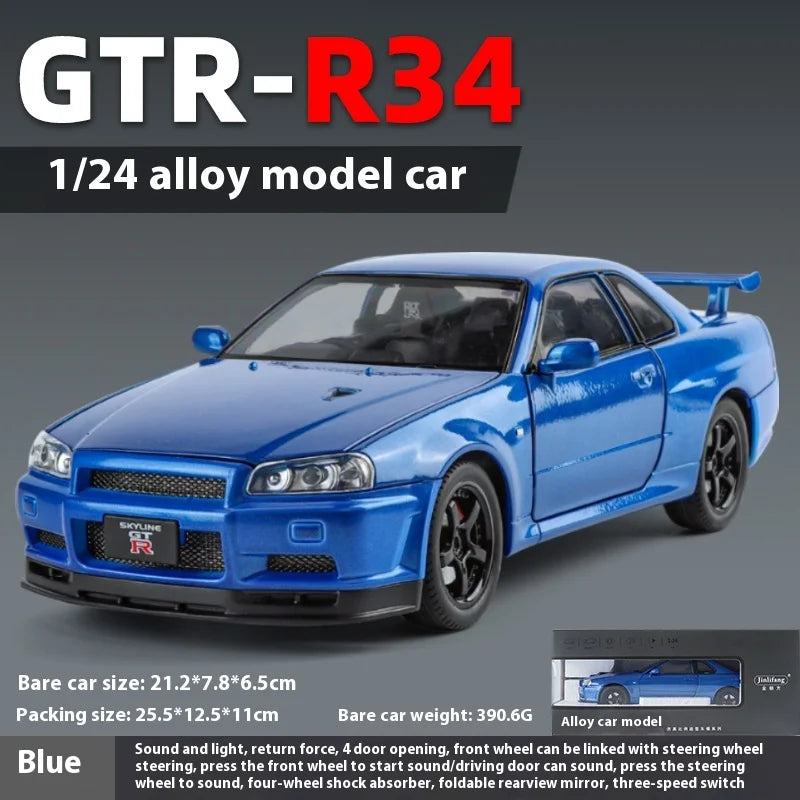 1:24 Scale GTR-R34 Alloy Car Model with Authentic Sound Effects, Premium Collectible Toy for Kids & Adults