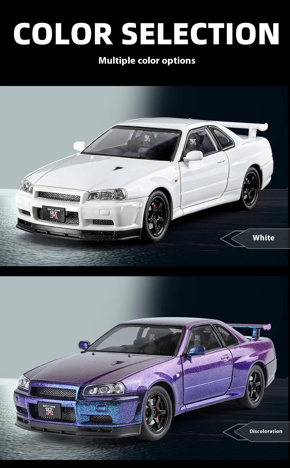 1:24 Scale GTR-R34 Alloy Car Model with Authentic Sound Effects, Premium Collectible Toy for Kids & Adults