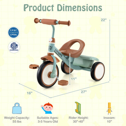 Toddler Tricycle Kids Trike with Adjustable Seat and Basket Aged 3-5 Years Old-Green - Color: Green