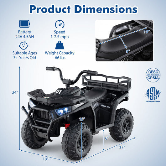 24V Kids Ride on Electric ATV Quad Car with Realistic Sounds and  LED Lights-Black - Color: Black