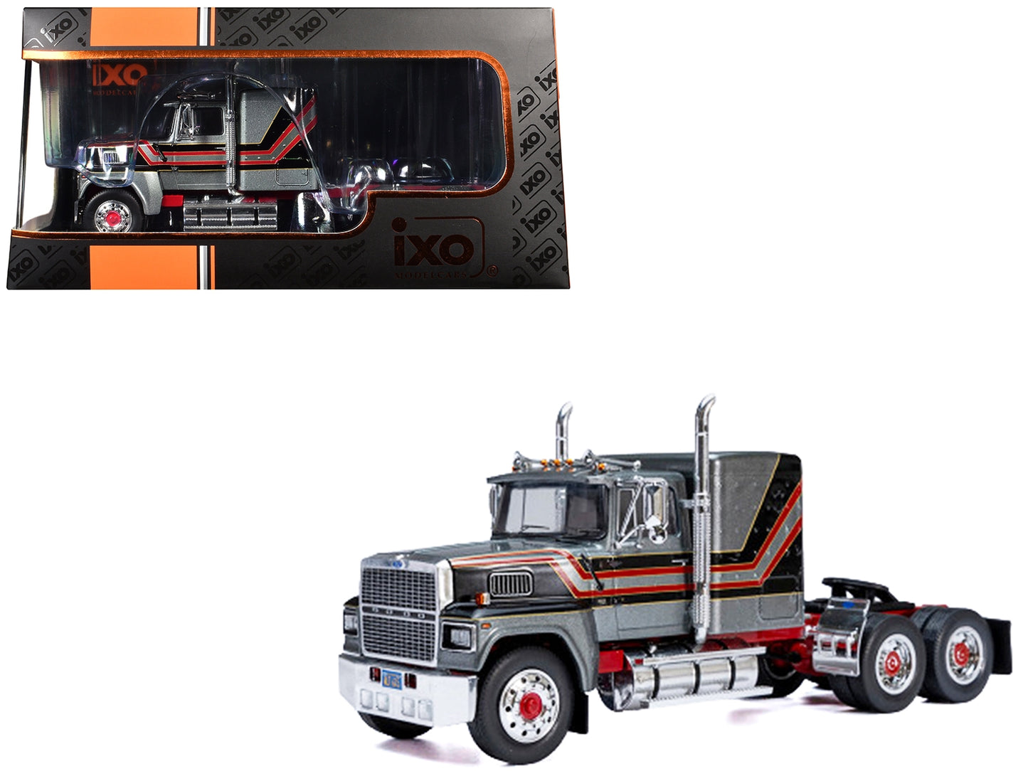 1978 Ford LTL 9000 Truck Tractor Gray Metallic with Red and Black Stripes 1/43 Diecast Model by IXO Models