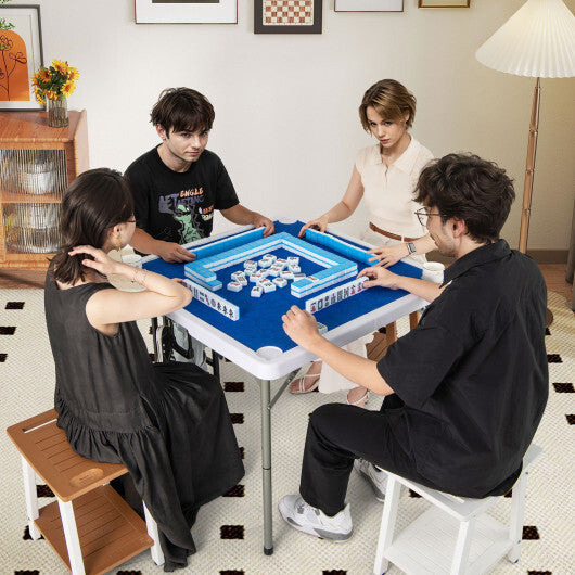 35 Inch 4 Player Game Card Folding Mahjong Table with Cup Holders-Navy - Color: Navy