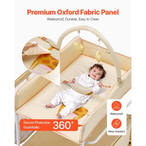 Baby Changing Table, Foldable Diaper Change Station with 2 Fabric Drawers, Side Basket & Hanging Rod, Adjustable Height Portable Changing Table with Lockable Wheels & 2 Star Toys, Light Beige