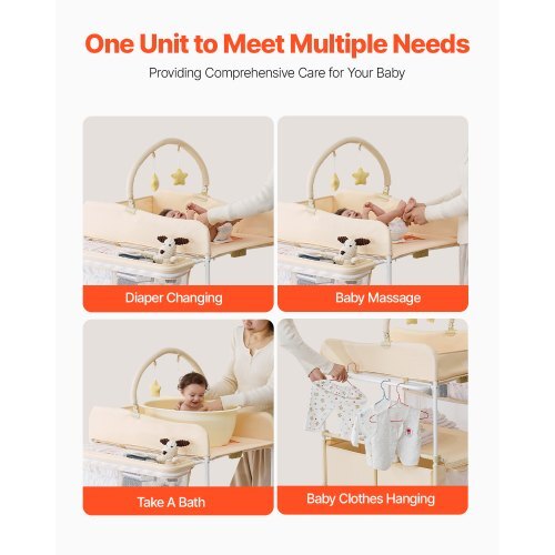 Baby Changing Table, Foldable Diaper Change Station with 2 Fabric Drawers, Side Basket & Hanging Rod, Adjustable Height Portable Changing Table with Lockable Wheels & 2 Star Toys, Light Beige